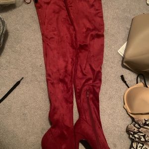 Thigh high red suede boots